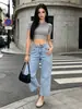 Jeans vintage europeo y americano azul claro con efecto lavado de copo de nieve, tiro alto, sin elasticidad, corte recto holgado, pantalones cropped que cubren la cadera, directo de fábrica