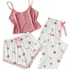 Nuevo producto transfronterizo 2026: Conjunto de loungewear para mujer con estampado de corazones y bloques de color, con una camisola, adecuado para usar como ropa exterior, directamente de fábrica