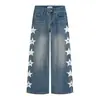 Novos jeans da moda estilo americano com estampas de estrelas nas laterais, adequados para primavera, outono e inverno, apresentando lavagem retrô e um design de perna larga e curva para homens.