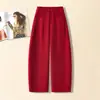 Pantalones rojos de alta gama con dobladillo curvo para mujer, nuevo estilo primavera y otoño, holgados y adelgazantes, populares este año, ideales para figuras petite.