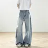 Jeans de sarja lavada de perna larga, estilo americano, moderno, retrô, com corte curvo, padrão de bambu, para jovens, calças de corte reto soltas, levemente flare