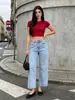 Jeans vintage europeo y americano azul claro con efecto lavado de copo de nieve, tiro alto, sin elasticidad, corte recto holgado, pantalones cropped que cubren la cadera, directo de fábrica