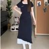 Vestido coreano fresco y dulce de dos piezas falsas para mujer Primavera y Verano Nuevo estilo Asimétrico con cordón Fruncido en la cintura Halter Falda larga