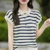 2026 Verano Nuevo Algodón Puro Cuello Polo Camisa de Punto Manga Corta para Mujer Bloque de Color Rayas Casual Versátil Top Camisa Base