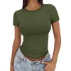 2025 Transfronterizo Casual Verano Versátil Ajustado Cuello Redondo Alto Camiseta Manga Corta Delgado Chica Caliente Tops Europeos y Americanos Efecto Adelgazante