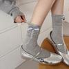 Calcetines de Punto a Cuadros con Lazo para Mujer Estilo Ballet Coreano Calcetines de Media Pantorrilla Versátiles Plisados Borde Enrollado Slouch Calcetines Sin Costuras