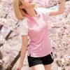 Top de manga corta raglán con bloques de color ajustado estética Y2K Venta al por mayor Camiseta de cuello con rayas rosas y blancas estilo chica dulce japonesa