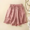 Pantalones Cortos de Pierna Ancha con Diseño de Hongos de Algodón y Lino para Mujer Verano 2024 Nuevo Estilo Literario Retro Sueltos Casuales de Longitud Media