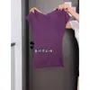 Top Base Morado Sexy de Cuello en U Amplio para Mujer, Ropa Interior Acanalada Estilo Bm de Verano, Suéter de Punto Delgado que Ceñe la Cintura con Mangas Cortas Volantes