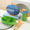 Caja de almuerzo compartimentada simple de acero inoxidable 304 para estudiantes con juego de cubiertos (tenedor y cuchara) y vaso de plástico para almuerzo