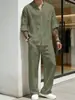Camisa para Hombre Estilo Americano Transfronteriza 2025, Conjunto de Pantalón Largo y Camisa de Manga Larga de Lino Retro con Cuello Alto para Hombre, Joven, Primavera y Otoño