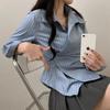 Diseño Estilo Coreano Cintura Irregular Camisa de Otoño Camisa Rayada Estilo Academia Manga Larga Nuevo Top de Aspecto Delgado