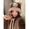 Bonito Gorro de Lana de Oso de Dibujos Animados para Mujer con Lana, Gorro Grueso de Invierno para Circunferencia de Cabeza Grande con Protección para las Orejas, Gorro Cálido de Punto