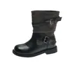 Botas de invierno para mujer, estilo coreano retro, de tacón medio, punta redonda, versátiles, de nicho, con hebilla, para montar, 2026