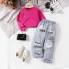 Ropa Nueva de Otoño Europea y Americana para Niños Camisa Morada de Manga Larga Más Chaleco con Jeans Moda Tendencia Niña Ropa para Niños Venta al por Mayor