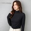 Camiseta Base de Modal con Cuello Alto Medio para Mujer, Nuevo Estilo Otoño e Invierno 2026, Corte Ajustado, Forro Polar, Manga Larga, Top Camiseta Negra