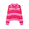 Camisa Polo Casual Listrada Feminina Gola Simples Suéter de Tricô Malha Estilo Transfronteiriço Europeu e Americano Nova Jaqueta Suéter