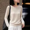 Novidade de tricô feminino para o início do outono de 2026, linho Tencel, gola redonda, barra enrolada, suéter feminino fino de manga longa, blusa básica