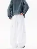 Calça Cargo Jeans Masculina Lavada com Bolsos Grandes e Costura Branca Estilo Americano Tendência Solta Casual Calças Retas de Perna Larga