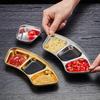 Plato de acero inoxidable 304 con sabor coreano, forma de abanico, dorado, para salsa, salsa, condimento triple, olla caliente, plato de dos compartimentos