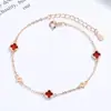Pulseira de Prata S925 Ouro Rosa Trevo da Sorte de Quatro Folhas Ágata Vermelha Natural para Mulheres Presente de Dia dos Namorados Joias com Pedra Preta