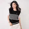 Moda Femenina Tallas Grandes mm Nueva Primavera 2025 Cuello Redondo Algodón Merceizado Rayas Camiseta de Manga Corta Falsa de Dos Piezas 7012