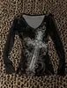 Camisa Estampada Negra Tie-Dye Estilo Retro Americano para Mujer, Nuevo Top de Manga Larga con Cuello de Deseo Puro Otoñal Tendencia