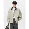 Em estoque: Jaqueta casual masculina de outono de 2026, novo estilo, feita de tecido de lã, marca americana moderna, com gola virada, design color-blocking e corte amplo e solto