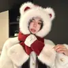 Nuevo Gorro de Oso de Terciopelo Gorro Grueso de Felpa para Mujer Otoño e Invierno Bufanda Todo en Uno Estudiante Cálido Juego de Dos Piezas