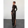 Vestido Largo de Encaje para Mujer Romántico y Elegante de Cuadrado con Ribete de Encaje de Manga Larga Ajustado