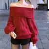 Suéter de Manga Larga con Giro en el Hombro para Mujer 2024 Otoño e Invierno Nuevo Estilo Coreano Elegante Holgado Pulóver Color Sólido