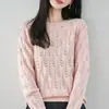 Suéter de punto de algodón puro estilo francés con crochet calado y cuello redondo para mujer, top holgado y suave, jersey suave, capa base