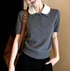 Top Gris Sencillo, Holgado, Cómodo, Adelgazante, para el Viaje Diario, para Mujer, Principios de Primavera 2026, Cuello de Solapa, Camiseta Suéter de Media Botonadura