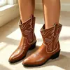 Botas vaqueras occidentales transfronterizas Otoño/Invierno 2026 Bordadas Tacón grueso Versátiles de media pantorrilla Retro Corte en V Tallas grandes Botas Martin para mujer