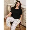 Ropa de casa transfronteriza europea y americana más vendida, conjunto de pantalón largo de manga corta con cuello redondo y estampado floral talla grande, se puede usar afuera como pijama tipo suéter