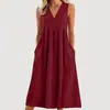 Ropa de Mujer Nueva Transfronteriza Europea y Americana Primavera y Verano Casual Holgada Moda Retro Algodón y Lino Sin Mangas Cuello en V Vestido con Bolsillo