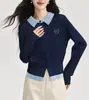 Cardigan de punto casual para mujer, estilo universitario coreano, primavera y otoño, nuevo color bloqueado, cuello Polo, tejido de punto trenzado, bordado, cuello solapa