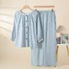 Atacado Dropshipping Primavera/Outono Algodão Puro Gaze Roupa de Casa Feminina Gola Estampa de Desenho Manga Longa Calça Longa Pijama para Casa