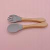 Tenedor y cuchara de silicona para alimentos complementarios para bebés, vajilla de entrenamiento para niños, tenedor y cuchara con mango de madera para bebés, tenedor y cuchara de silicona.