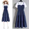 Vestido Fresco de Verão Coreano Falso Duas Peças 2022 para Meninas Cheinhas Tamanho Grande Costura Saia Evasê Saia Midi com Forro