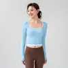 Ropa de Yoga Nueva de Otoño con Color de Contraste para Mujer con Almohadillas en el Pecho, Tops de Cuello Redondo, Camisetas, Deportes de Pilates, Running, Fitness, Mangas Largas