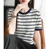 25 Anos Novo Verão Algodão Puro Gola Redonda Tricô Manga Curta Camiseta Feminina Listras Coloridas Blusa Básica Solta Top