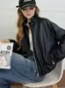 Jaqueta curta de couro feminina com gola alta e cordão, nova moda outono 2026, estilosa, modelagem solta, jaqueta biker versátil