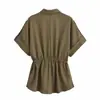 Camisa de lino de manga corta para mujer, estilo europeo y americano, verano 2024, cintura ajustable 6459 6460