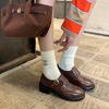 Zapatos de Piel de Vacuno de Primera Capa Huecos Tallados Estilo Brogue Británico 2025 Tacón Medio Grueso Punta Redonda de Piel Genuina para Mujer