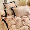 Ins Outono/Inverno Leite Fleece Renda Conjunto de Quatro Peças Capa de Edredom de Flanela Lençol de Cama Conjunto de Cama Quente de Fleece de Coral