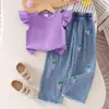 Ins Estilo Europeo Comercio Exterior Niñas Morado Tejido Waffle Manga Corta Top + Bordado de Uvas Jeans Conjunto Nuevo