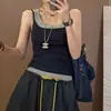 Camisola Estilo Coreano com Painéis de Cores Contrastantes Falsa Peça Dupla Feminina para o Verão Peça Externa Afinando Corpo Roupas de Menina Hot Sem Mangas