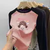 Camiseta térmica de manga larga cepillada para niñas, cuello redondo, otoño e invierno, con panel, para usar por dentro, estampado de dibujos animados, para niños de mediana y mayor edad