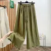 Pantalones Casuales de Pierna Ancha Cortos de Algodón Lino de Cintura Alta para Mujer con Cordón de Encaje Corbata Volante Oreja de Madera Pantalones Globo Pantalones Casuales